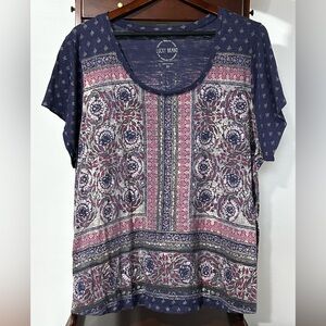 Lucky Brand Women's 3X Navy Blue Pink Tan Floral Short Sleeve Tee Shirt Top